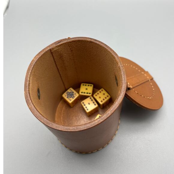 Set Of 5 Vintage Bakelite Dice Tan Leather Stitched Dice Cup - Picture 4 of 5
